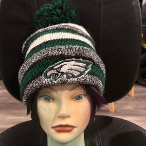 Women's Green and Gray Striped Pom-Pom Beanie